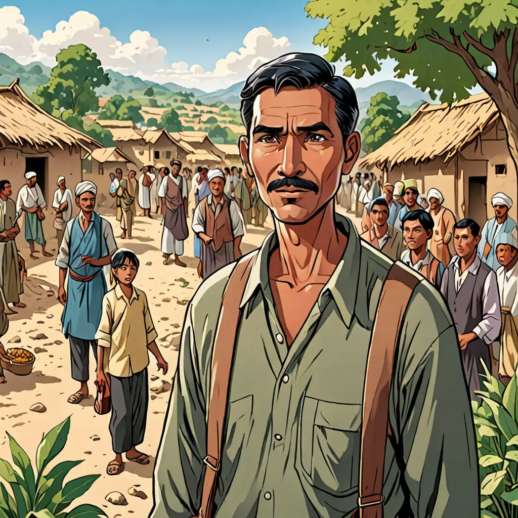 a man with a backpack standing in front of a crowd of people in a village with a tree and a few huts, samikshavad, a comic book panel, Bhupen Khakhar, promotional image