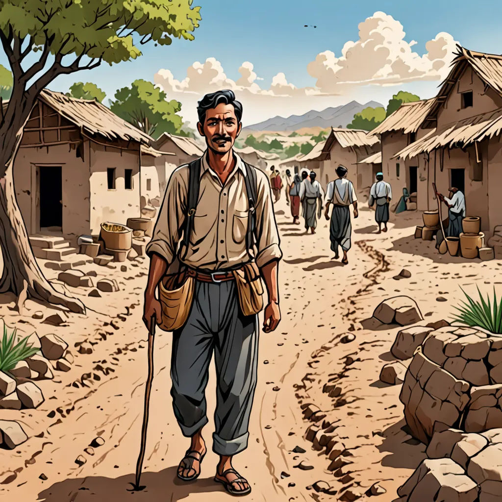 a man with a cane and a backpack walking down a dirt road in a village with people walking around, samikshavad, a comic book panel, Asaf Hanuka, graphic novel