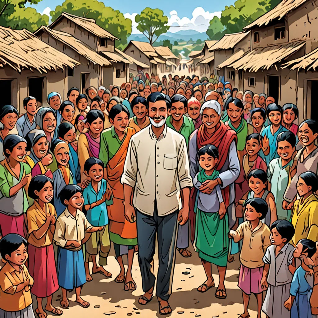 a man standing in front of a crowd of people in a village with a village in the background and a crowd of people standing in the foreground, samikshavad, a storybook illustration, Bhupen Khakhar, graphic novel