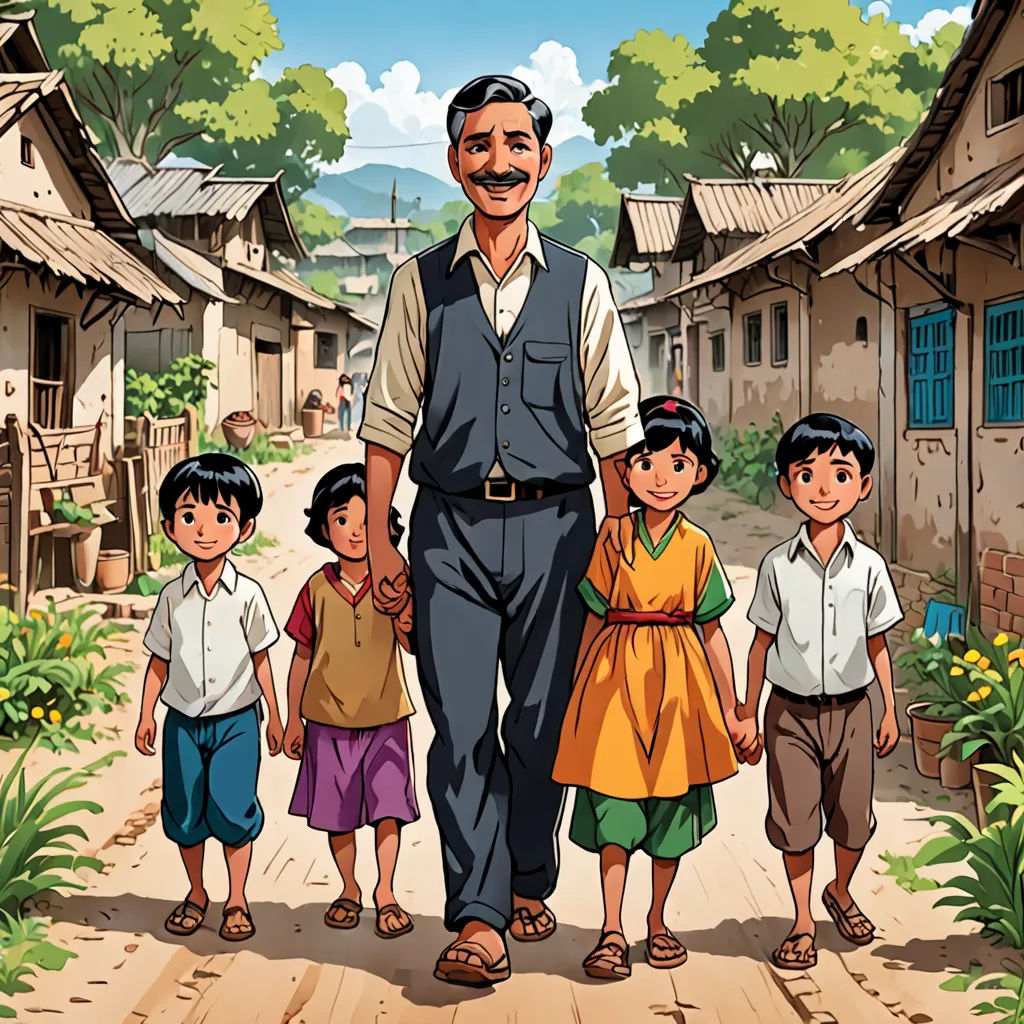 a man standing with his children in a village with houses and trees in the background, and a cartoon of a man standing with his children in front of him, magical realism, a storybook illustration, Chang Dai-chien, official art