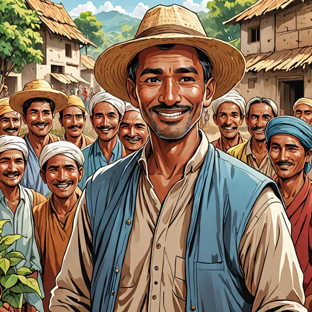 a man with a hat standing in front of a group of people with a tree in the foreground, les nabis, a storybook illustration, Bhupen Khakhar, promotional image