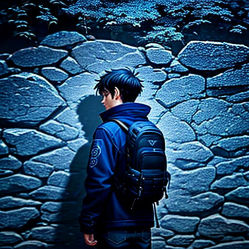 a man standing in front of a stone wall with a backpack on his back and a backpack on his shoulder