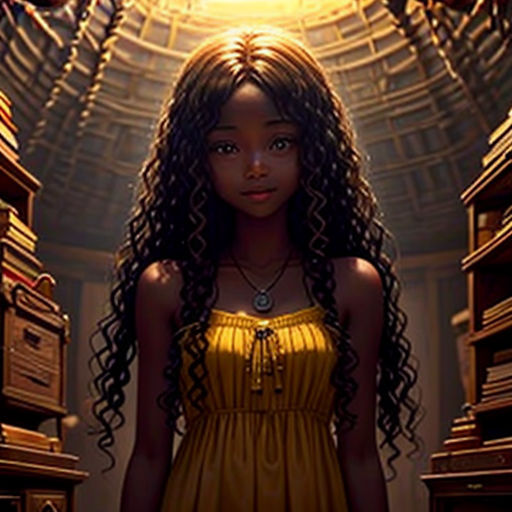 a girl standing in a library with a light shining on her head and a bookcase in the background