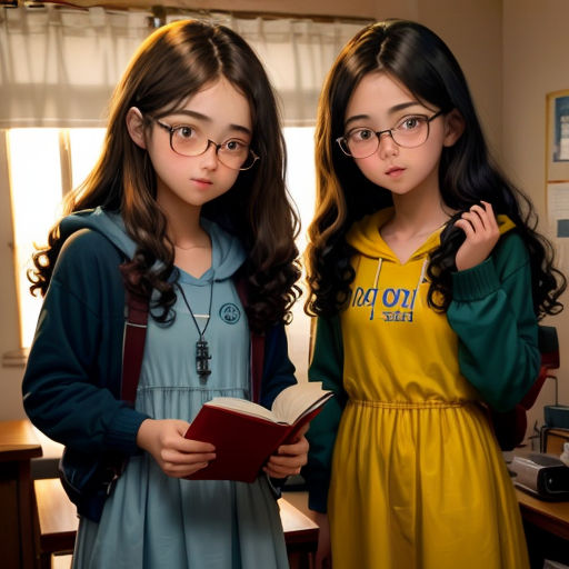 two girls standing next to each other holding a book and looking at the camera with glasses on their faces