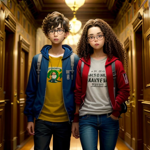 two young people are walking down a hallway together in a hallway with wooden doors and a light fixture above them