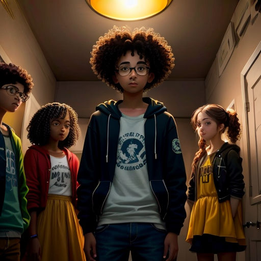 a group of children standing in a hallway with a light on above them and a man standing in the hallway