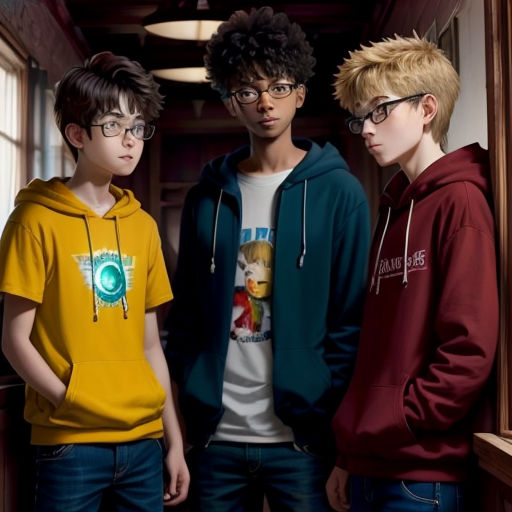 three young boys standing next to each other in a hallway with a window behind them and a door in the background