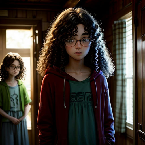a young girl standing next to a young girl in a doorway with a door open and a window behind her