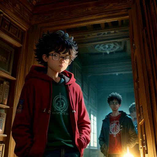 a boy and a girl standing in a doorway with a light shining on them in a room with bookshelves