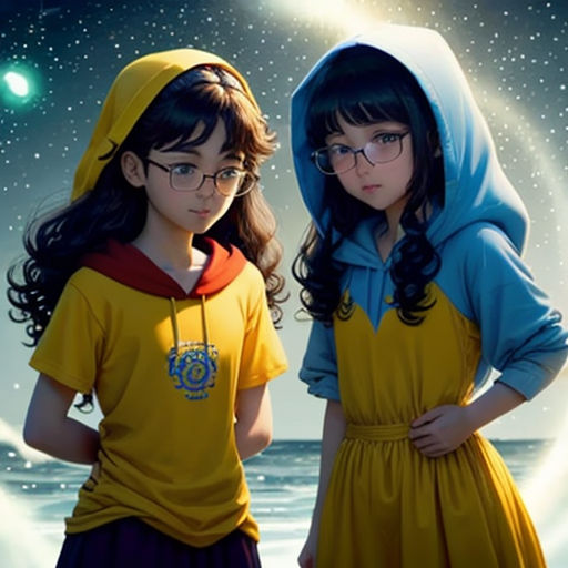 two young girls standing next to each other in front of a moon and stars sky with the ocean in the background