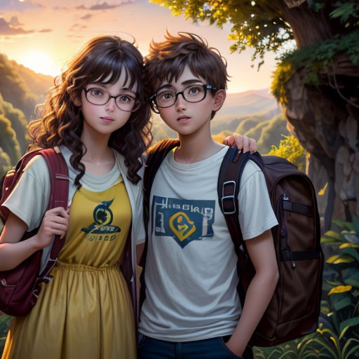a couple of people standing next to each other in a forest with a sunset behind them and trees and hills
