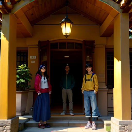 two people standing in front of a building with a light on above them and a lamp hanging above them