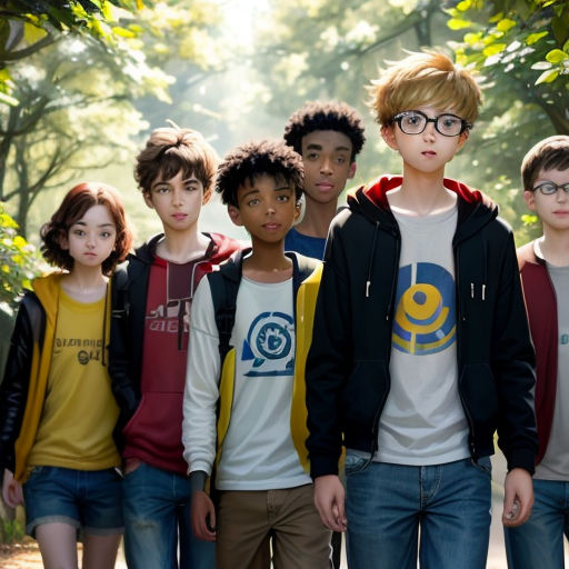 a group of young boys standing next to each other in a forest with trees and bushes behind them, all wearing glasses