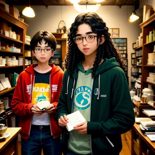 two young boys standing in a library holding books and looking at the camera with a smile on their face