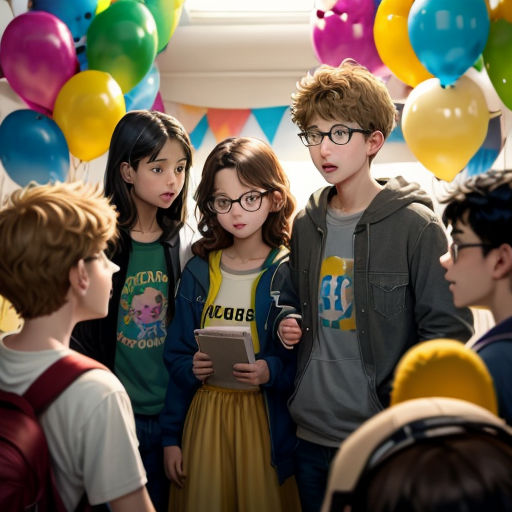 a group of children standing around each other in front of balloons and balloons on the wall behind them are a tablet