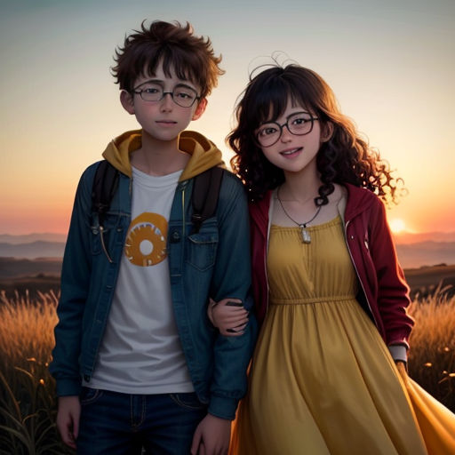 a boy and a girl standing in a field at sunset with the sun setting behind them and the sky in the background