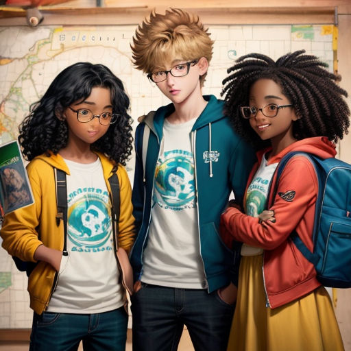 three young people standing next to each other in front of a map of the world with a map on the wall