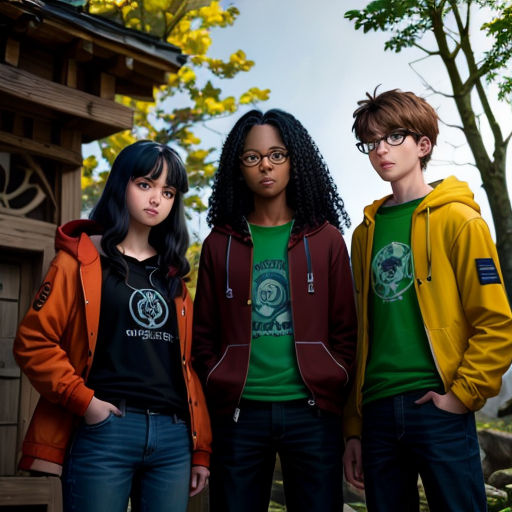 three young people standing next to each other in front of a tree and building with a clock on it