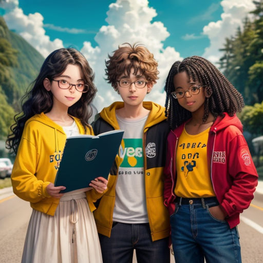 three young people standing on the side of a road holding books in their hands and looking at the camera