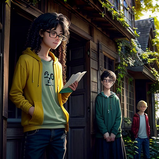 a group of people standing outside of a house with a book in their hands and a person holding a book