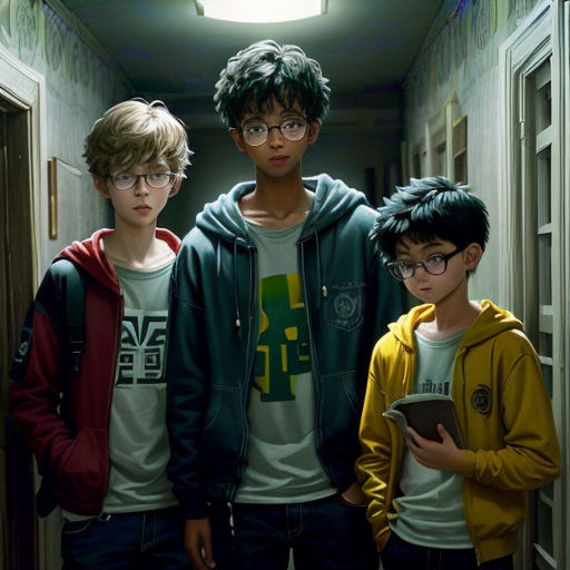three boys standing in a hallway with a tablet computer in their hands and looking at the camera with a serious look on their face