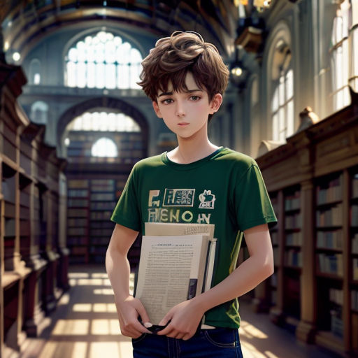 a boy standing in a library holding a book in his hands and looking at the camera with a serious look on his face