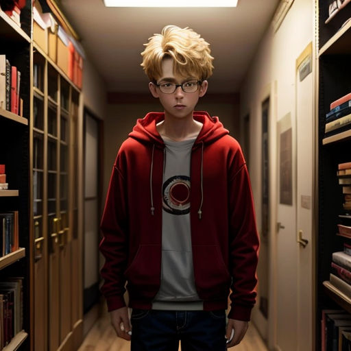 a young man standing in a hallway between two bookshelves with a skylight above them and a red sweatshirt on
