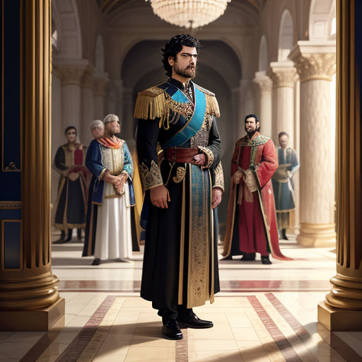 a man in a uniform standing in a hallway with other men in costume behind him and a chandelier