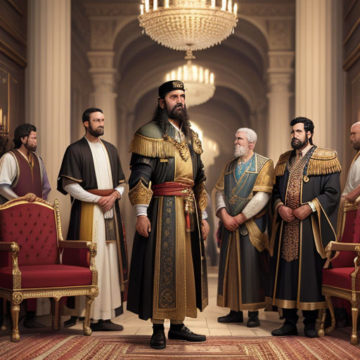 a group of men standing next to each other in a room with a chandelier hanging from the ceiling