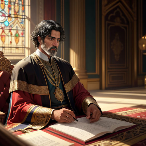 a man in a red and gold outfit sitting at a table with a book and pen in his hand