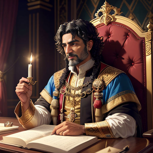 a man in a regal outfit holding a candle and a book in his hand while sitting at a desk
