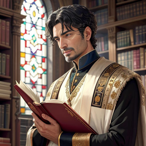 a man in a priest's outfit holding a book in front of a stained glass window in a library