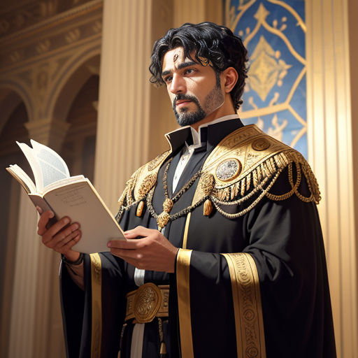 a man in a black and gold outfit holding a book in his hands and looking at the camera with a serious look on his face