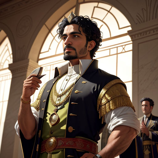 a man in a military uniform holding a cell phone in a building with other men in the background wearing fancy clothing