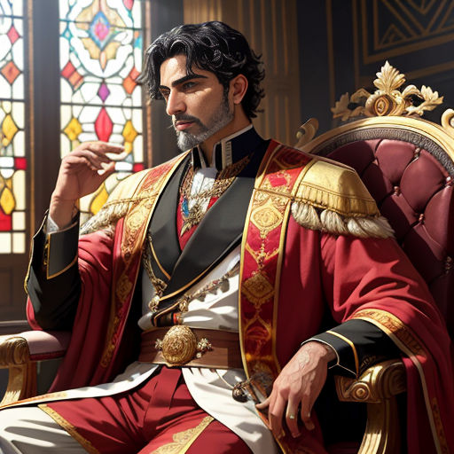 a man in a red and gold outfit sitting in a chair in front of a stained glass window with a cigarette in his hand