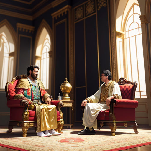 two men sitting in chairs in a room with a rug on the floor and a rug on the floor