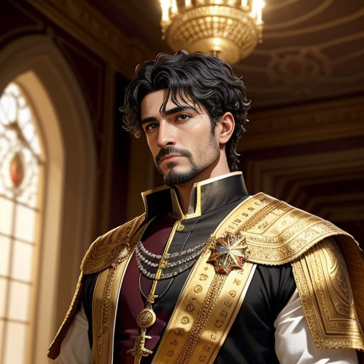 a man in a gold and black outfit in a room with a chandelier and a chandelier