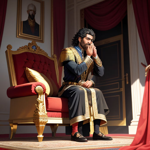 a man in a fancy outfit sitting on a chair in a room with red curtains and a red carpet