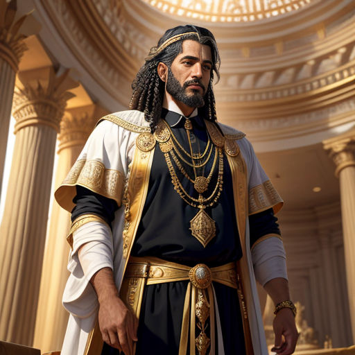 a man in a black and gold outfit standing in a room with columns and a dome ceiling with a light