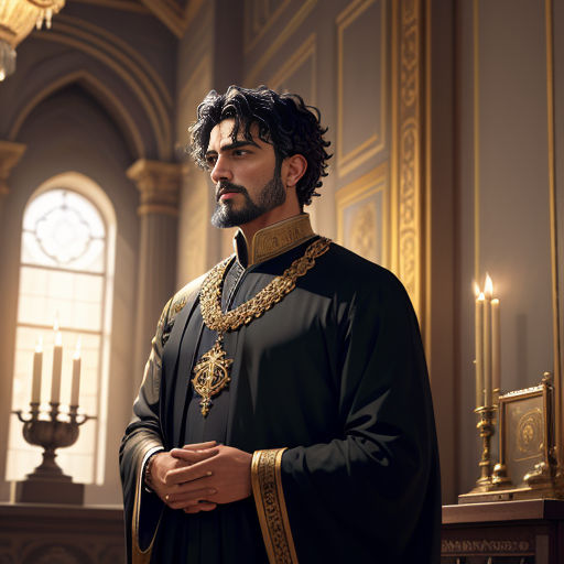 a man in a black outfit standing in a room with a chandelier and a clock on the wall