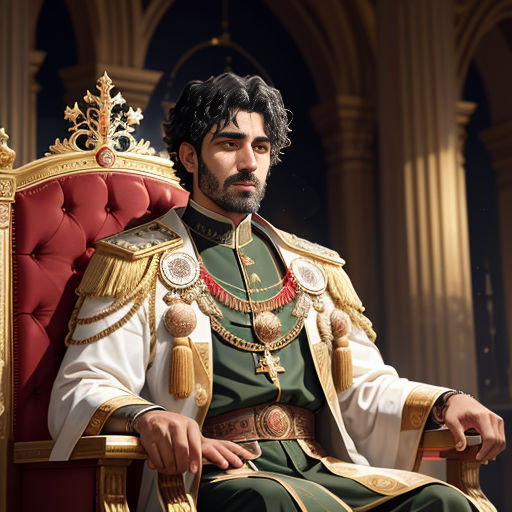a man in a green and gold outfit sitting in a red chair with a gold crown on his head