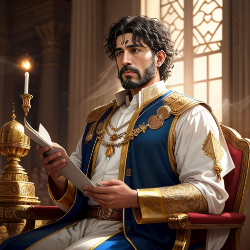 a man in a blue and gold outfit holding a paper and a candle in his hand while sitting in a chair