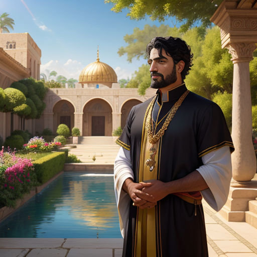 a man in a black and gold outfit standing in front of a pool and a building with a golden dome