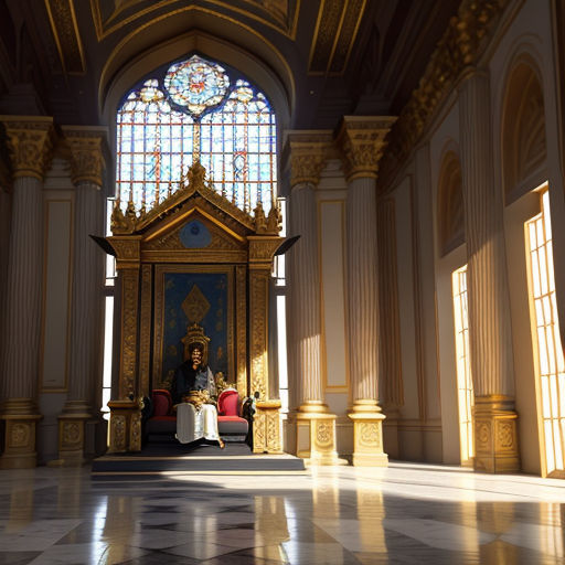 a person sitting in a chair in a room with a stained glass window and a stained glass window above