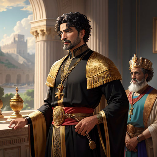 a man in a black and gold outfit standing next to a man in a gold crown and a woman in a red dress