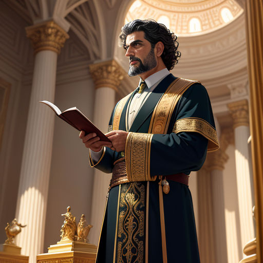 a man in a priest's outfit reading a book in a church with columns and arches in the background