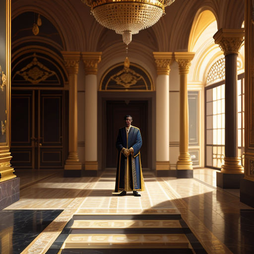 a man in a suit and a crown standing in a hall with columns and chandeliers on either side of him