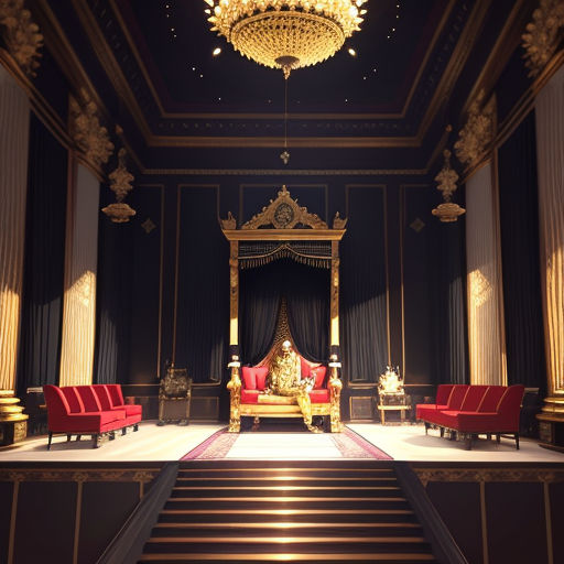 a fancy room with a gold canopy bed and red couches and a chandelier hanging from the ceiling