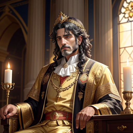 a man in a golden outfit sitting in a chair with a candle in his hand and a stained glass window behind him