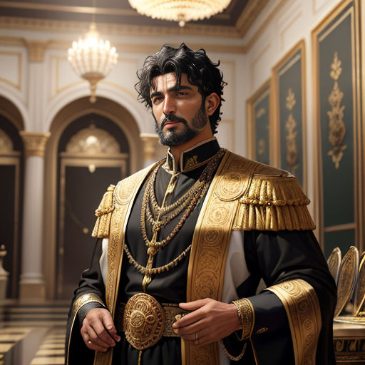 a man in a black and gold outfit standing in a room with chandeliers and a chandelier